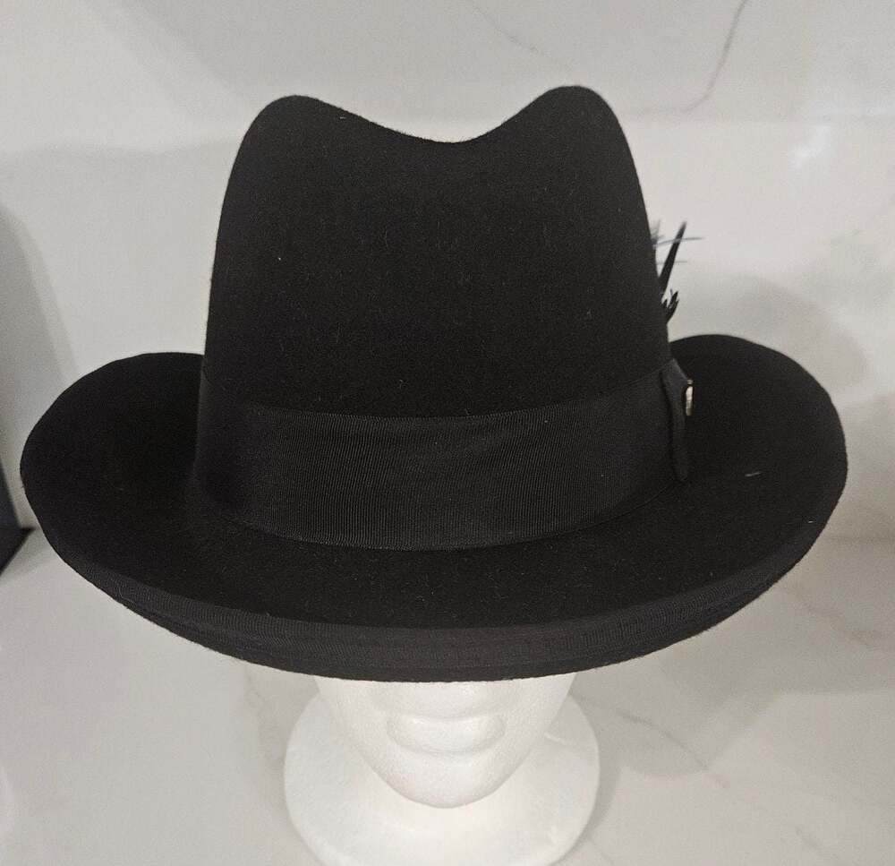 Stacy Adams Men's Black Wool Felt Homburg Fedora Hat with Feather Detail